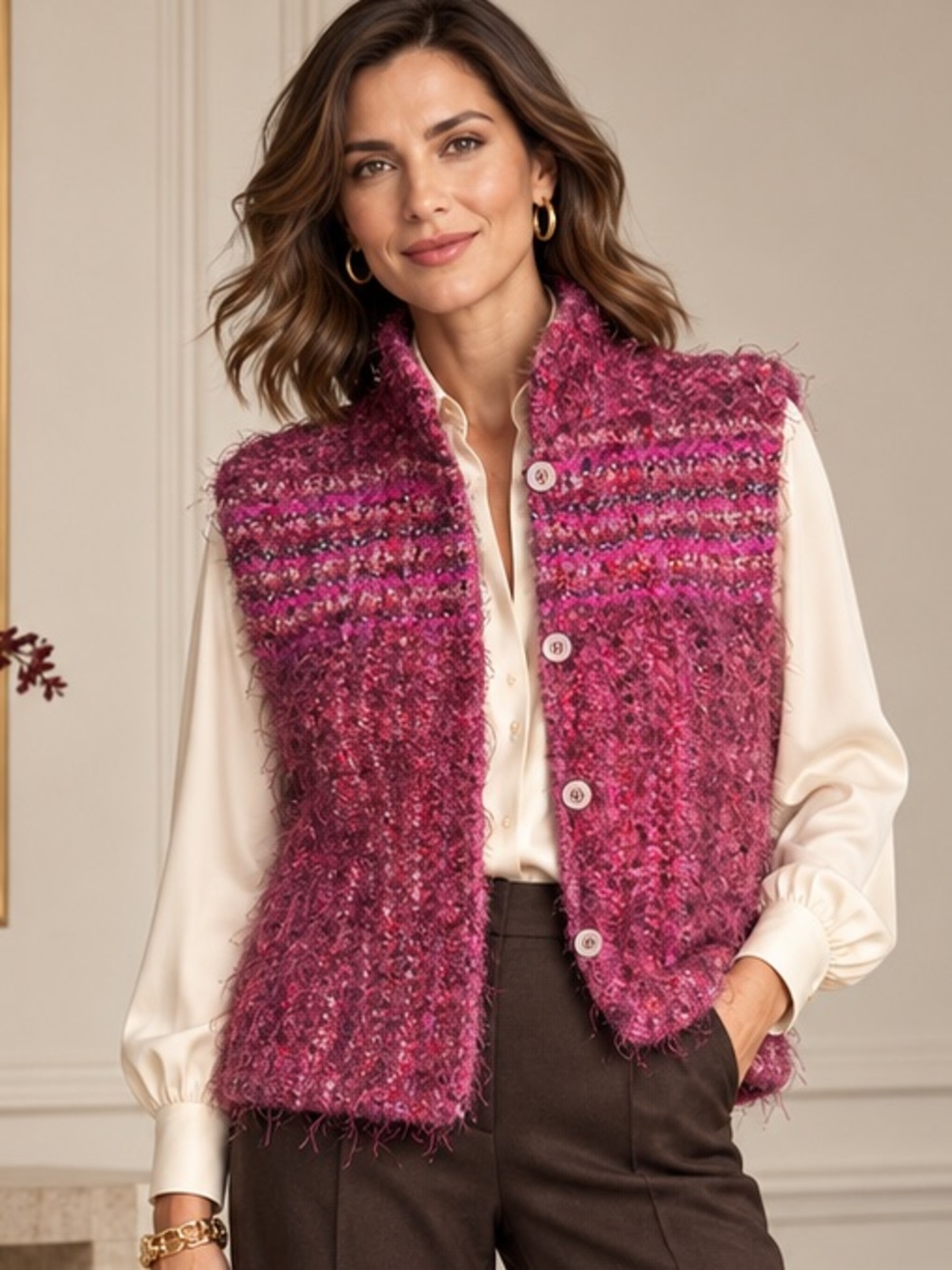 Vintage Art to Wear Magenta Bouclé Metallic Fiber Vest Boho